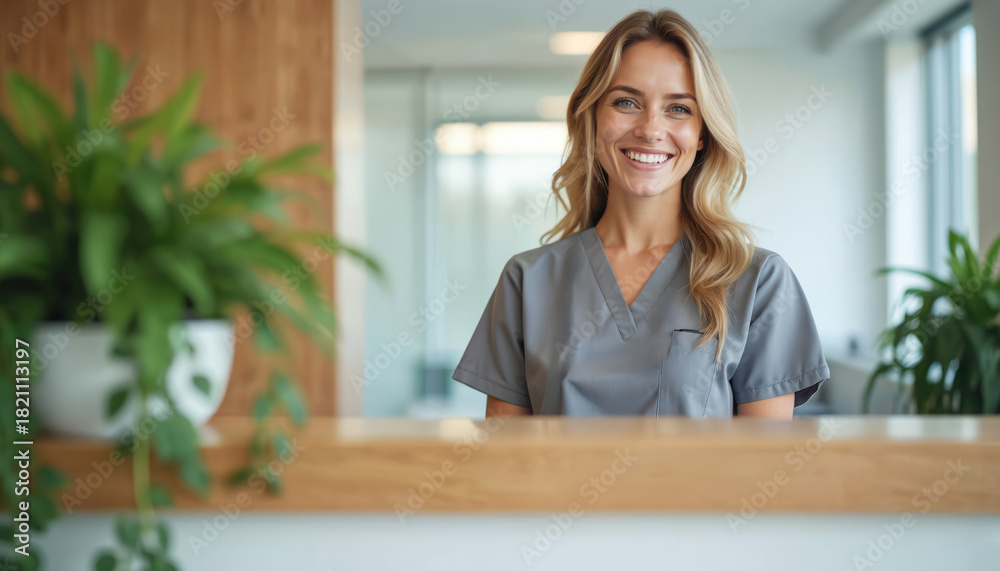 Obraz premium Smiling woman in grey uniform stands at reception desk. Nurse looks at the camera. Young medical worker ready to assist in modern clinic or hospital. Doctor at her working place indoors.