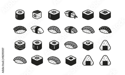 Grayscale Sushi Icon Set Vector Illustration. Minimalist Black and Dark Gray Glyph Collection Featuring Maki Rolls, Nigiri, and Onigiri Symbols for UI Design and Food Menus