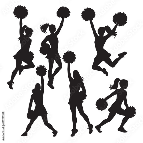 Dynamic group of cheerleaders performing energetic moves silhouette isolated on white background