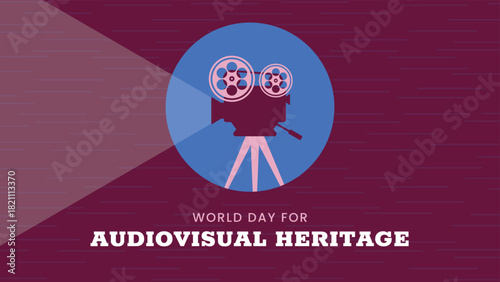 World day for Audiovisual heritage horizontal banner. October 27. Retro colors. Minimal holiday concept. Template for background, social media post, web banner, card, poster with text inscription