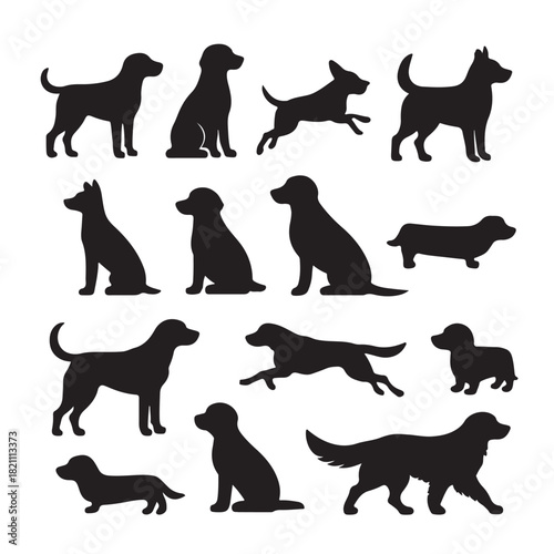 Collection of black dog silhouettes in various poses