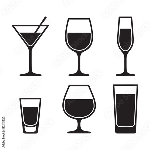Collection of six distinct alcoholic beverage glasses in silhouette isolated on white background