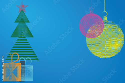 Minimalist Christmas vector illustration with tree, ornaments and gift boxes in dither style.