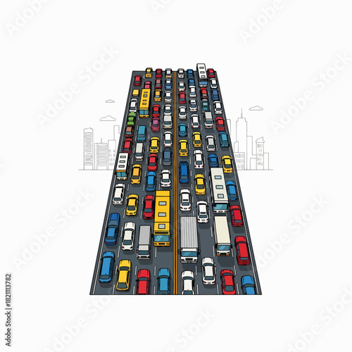 Illustrative depiction of a massive traffic jam on a busy urban highway during peak hours showing congestion