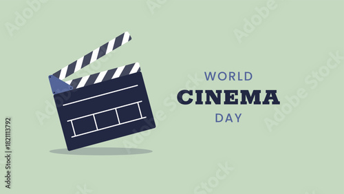 World Cinema Day horizontal banner. December 28. Retro colors. Minimal holiday concept. Template for background, social media post, web banner, card, poster with text inscription. Camera film