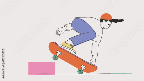 Whimsical skateboarder performing a trick with vibrant colors and dynamic lines perfect for sports or youth oriented designs