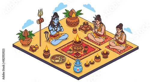 Vedic Havan Yajna worship ceremony for the Hindu deity Shiva with priests in a detailed isometric illustration