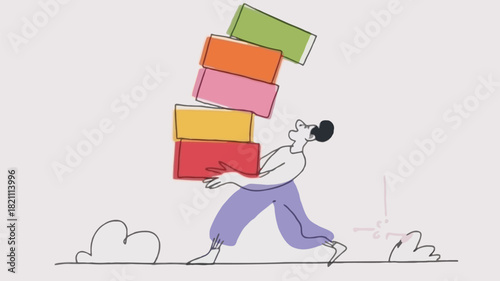 A person carefully carrying a towering stack of items symbolizing responsibility logistics or a challenging task rendered as a clean vector illustration with vibrant colors