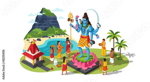 Lord Shiva and Devotees on the Coastline in Peaceful Harmony