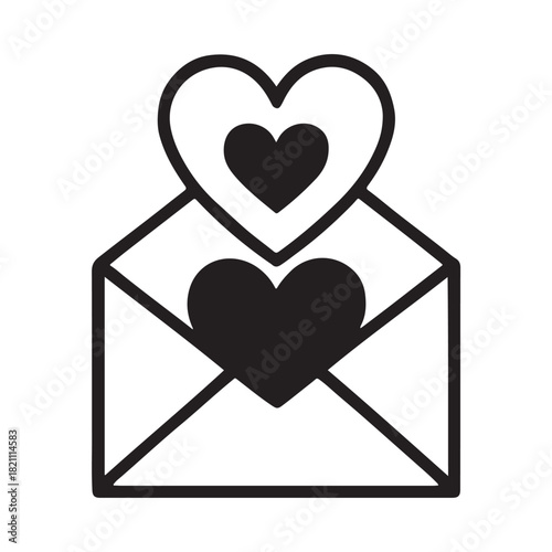 Black silhouette of an open envelope with two hearts inside isolated on white background