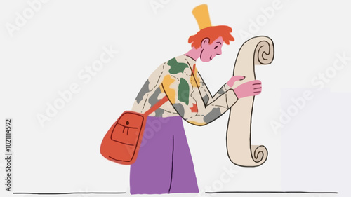 Whimsical cartographer character illustration with a unique skin texture ideal for educational materials storytelling or creative projects