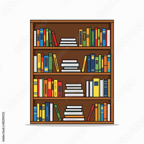 A Colorful Illustration of a Wooden Bookshelf Filled with Numerous Books and Stacked Volumes