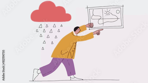 Surreal meteorologist character in a vibrant colorful abstract background pointing towards a celestial event or atmospheric phenomenon suitable for science weather or fantasy themes