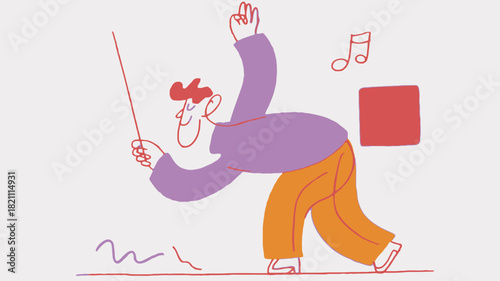 Dynamic illustration of a conductor leading a symphony orchestra with vibrant musical energy and detailed instrumentation captured in a vector graphic