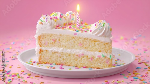 Single slice of layered white cake with white frosting and colorful sprinkles rests on a plate against a bright pink background