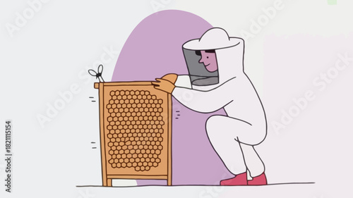 A skilled beekeeper wearing a protective suit meticulously inspects a beehive demonstrating careful management of the colony and its honey production