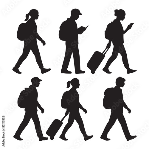 Collection of diverse traveler silhouettes walking with luggage and backpacks isolated on white background