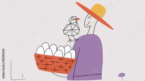 A cheerful farmer depicted in a vibrant vector illustration proudly holds a woven basket overflowing with fresh white eggs ready for market or delivery