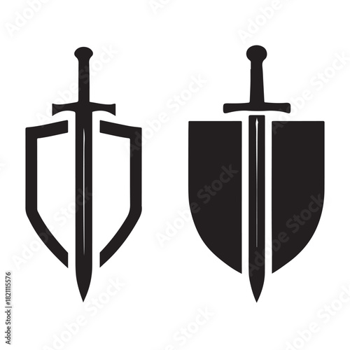 Two stylized medieval shields and swords emblematic symbols silhouette isolated on white background