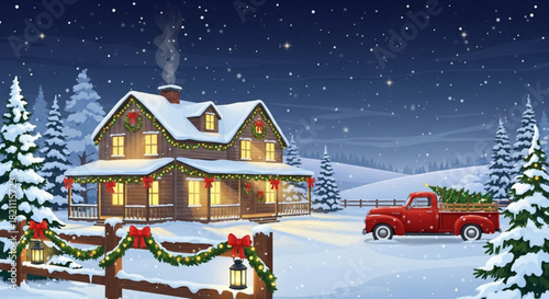Classic red truck brings Christmas tree home to cozy, snow-covered cabin decorated with wreaths and lights, creating a festive winter wonderland scene