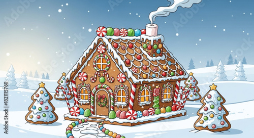 Charming gingerbread house in a winter wonderland, perfect for holiday cards, invitations, and cheerful seasonal designs with a hand drawn feel