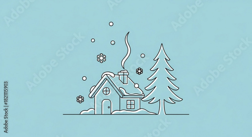 Charming winter scene with cozy house, snow falling, and a festive Christmas tree, perfect for holiday greetings and seasonal promotions, originally a scalable graphic