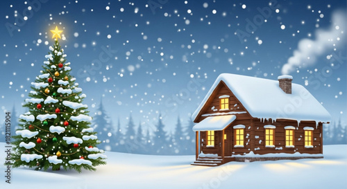 Charming snow-covered cabin and twinkling Christmas tree celebrate the magic of winter holidays, perfect for creating cozy and heartwarming seasonal designs