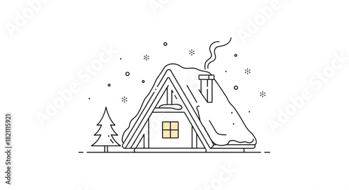 Cozy winter cabin scene with snow-covered roof and pine tree, perfect for holiday cards, invitations, and seasonal greetings with a minimalist feel