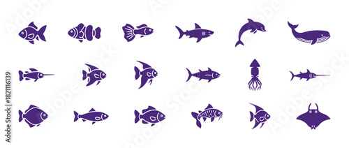 Diverse Marine Life and Ocean Animals Icon Set: Collection of Flat Purple Vector Graphic Symbols for Fish, Mammals, and Aquatic Creatures.