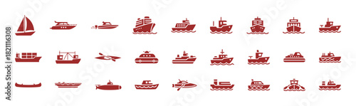 Ship and Boat Water Transportation Solid Icon Set: Collection of Flat Red Vector Graphic Symbols for Sea Travel, Cargo, Military, and Maritime.