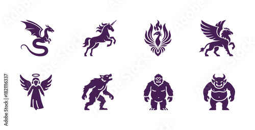 Mythical and Fantasy Creatures Icon Set: Collection of Flat Purple Vector Graphic Symbols for Legend, Mythology, Magic, and Lore.