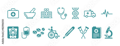 Medical and Healthcare Outline Icon Set: Collection of Linear Vector Symbols for Medicine, Hospital, Science, and Health Diagnostics.