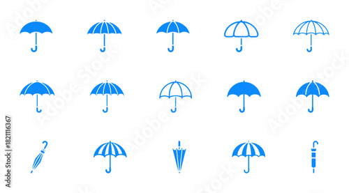 Umbrella and Rain Protection Solid Icon Set: Collection of Flat Blue Vector Graphic Symbols for Weather, Rainy Day, and Seasonal Accessories.