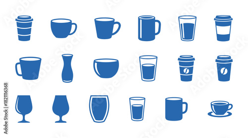 Coffee and Drink Ware Solid Icon Set: Collection of Flat Blue Vector Graphic Symbols for Mugs, Cups, Glasses, and Beverage Containers.