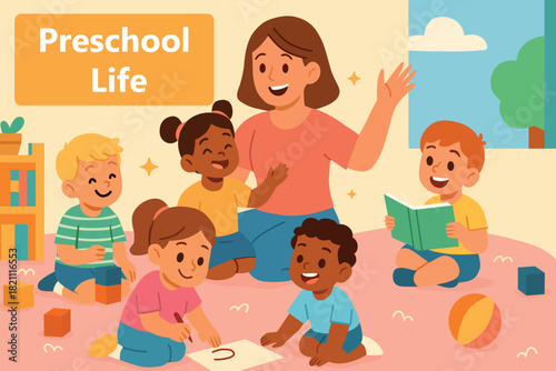 Happy preschool classroom with teacher and diverse children playing, drawing, reading. Perfect for educational materials, childcare centers, websites, kids’ books. Colorful flat vector illustration 