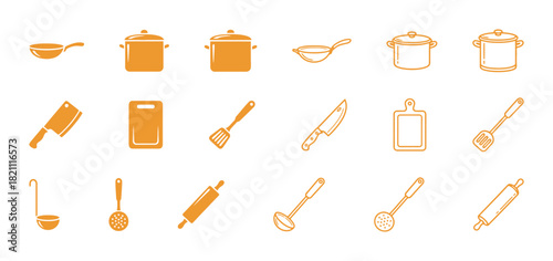 Cooking Utensil and Kitchenware Icons Set. Pan, Pot, Spatula, Knife, Chopping Board, Ladle and Rolling Pin Flat Vector Symbols.