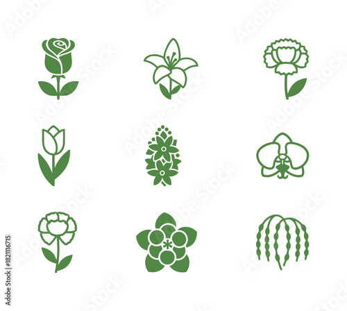 Green Flower and Plant Icons Set. Rose, Lily, Carnation, Tulip, Hyacinth, Orchid and Willow Minimalist Vector Symbols.