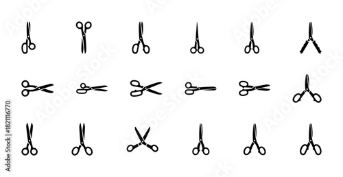 Large set of scissors vector icons in black color, showing various types and angles of open and closed shears for tailoring, hairdressing, and crafting.