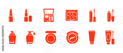 Beauty and cosmetic makeup product vector icons set in bright red color, including lipstick, powder, mascara, foundation, and cream tube pictograms.