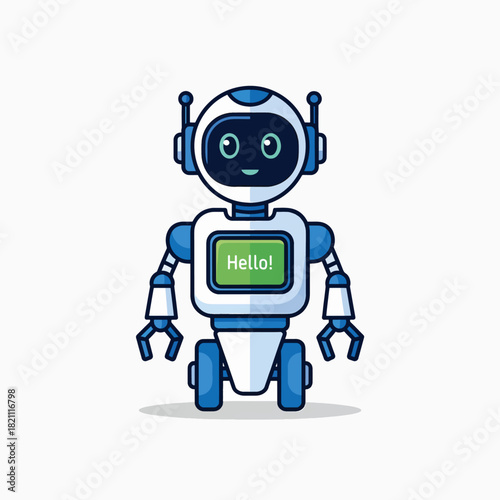 Cute friendly blue and white robot with expressive eyes and a screen that says hello