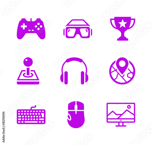 Gaming and entertainment vector icons set in vibrant purple color, including gamepad, VR headset, joystick, headphones, keyboard, mouse, and map location symbols.