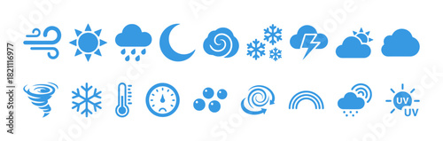 Set of weather and climate condition vector icons in blue color, featuring sun, cloud, rain, snow, wind, tornado, temperature, and UV symbols.