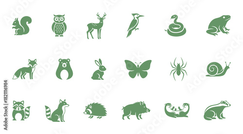 Wild forest and woodland animals vector icons set in green color, including squirrel, owl, deer, frog, fox, bear, rabbit, butterfly, and boar pictograms.