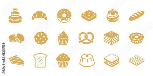 Various confectionery and baked goods dessert vector icons in golden yellow color, including cake, croissant, donut, cookie, cupcake, pie, pretzel, and sandwich pictograms.