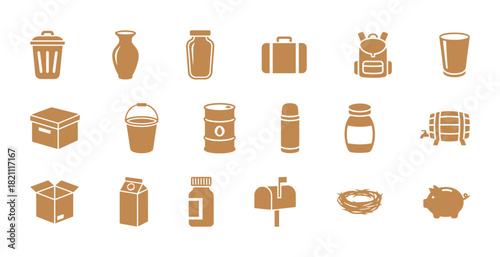 Collection of various container and packaging vector icons in brown color, featuring trash can, vase, suitcase, backpack, box, barrel, bottle, and mailbox symbols.