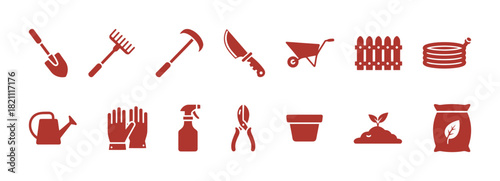 Gardening and planting tools vector icons set in earthy red color, including shovel, rake, knife, wheelbarrow, fence, hose, watering can, gloves, and pot symbols.