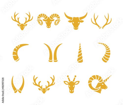 Set of animal horns and antlers vector icons in golden yellow color, featuring deer, ram, buffalo, giraffe, and unicorn head and horn symbols.