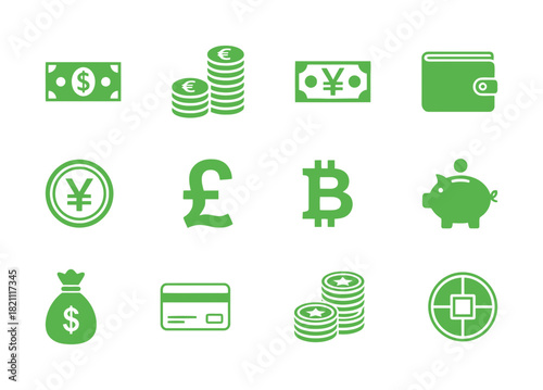 Collection of twelve flat green vector icons representing currency, finance, banking, and global monetary concepts, including banknotes, coins, and digital assets.