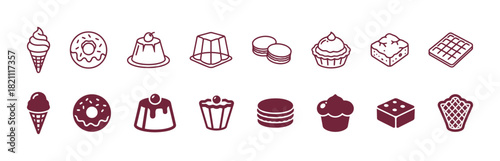 Horizontal seamless set of twenty line art and solid vector icons showing popular dessert and sweet foods, including ice cream, donuts, pudding, macarons, and wafers in a deep magenta color scheme.