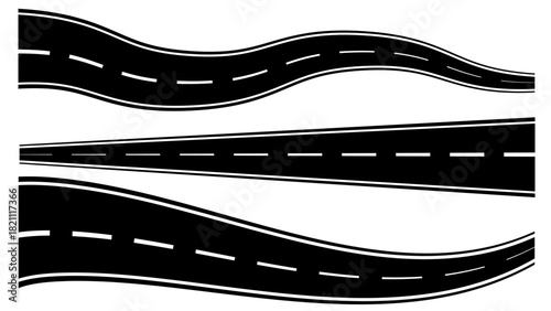 Road silhouette set, straight road, curved highway, perspective asphalt path, lane markings, roadway illustration, black and white road icon design